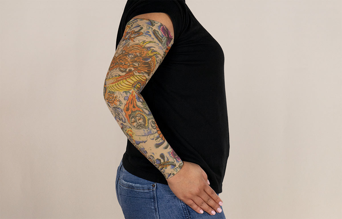 Lotus Dragon Tattoo Gradient Compression Arm Sleeve