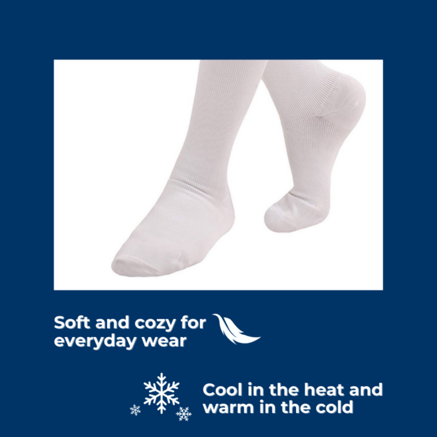 White socks on a white background with text about comfort and functionality.